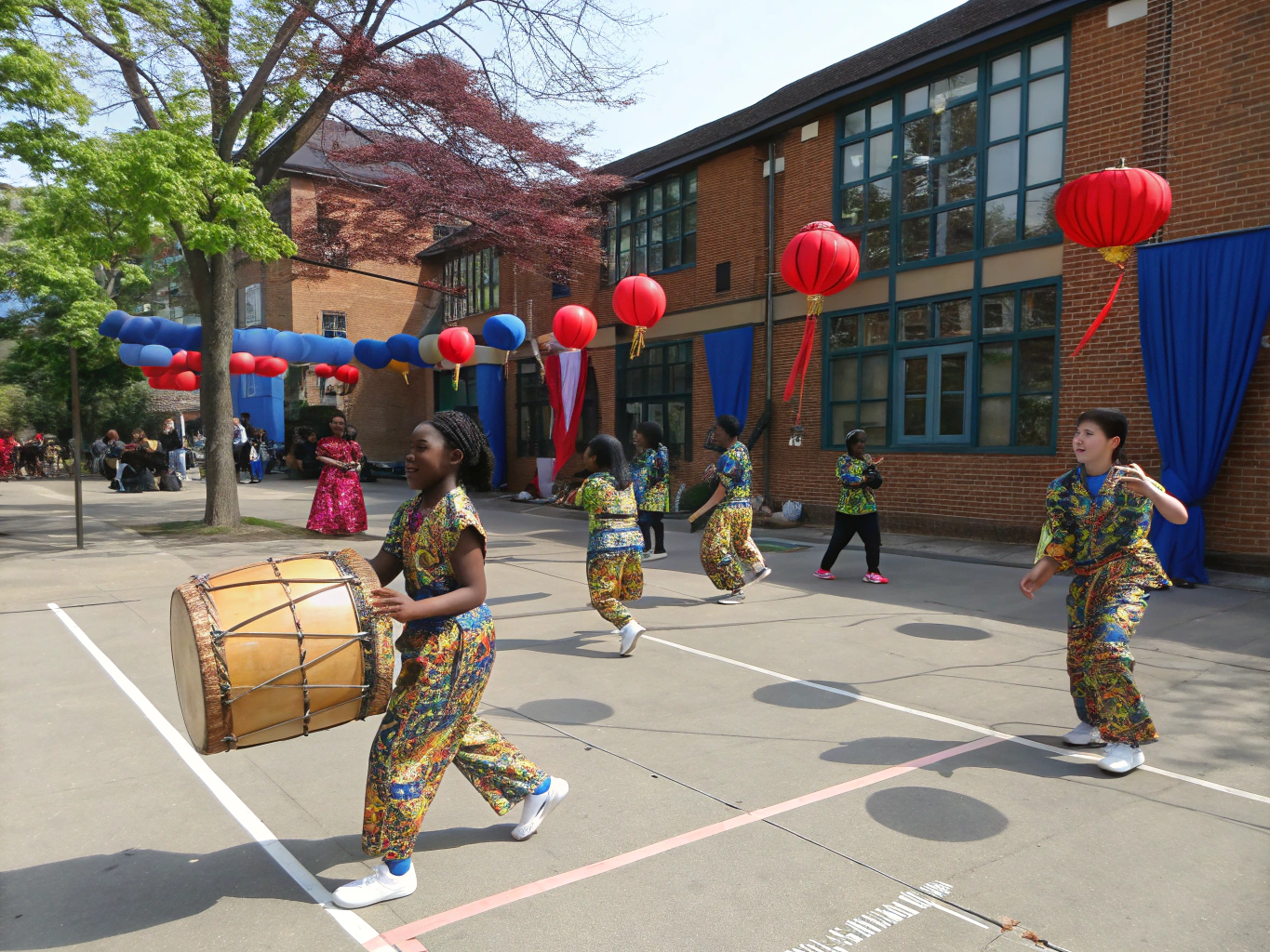 Filipino high school students rehearsing traditional cultural dance choreography on campus grounds.