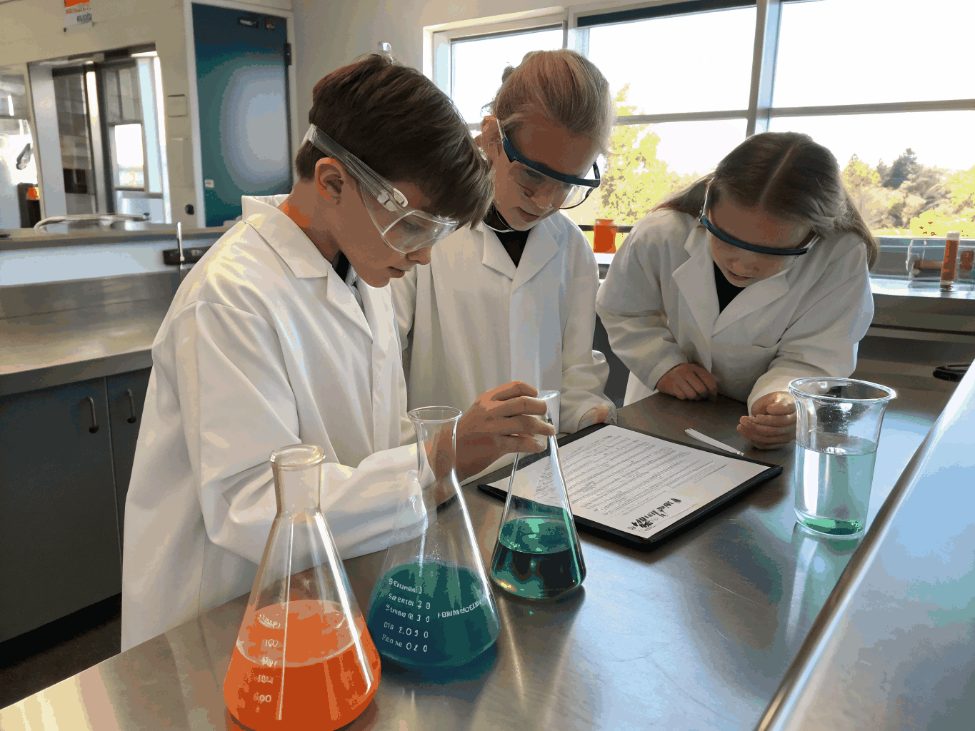 Filipino public high school students conducting an experiment during a science and mathematics guild laboratory session.